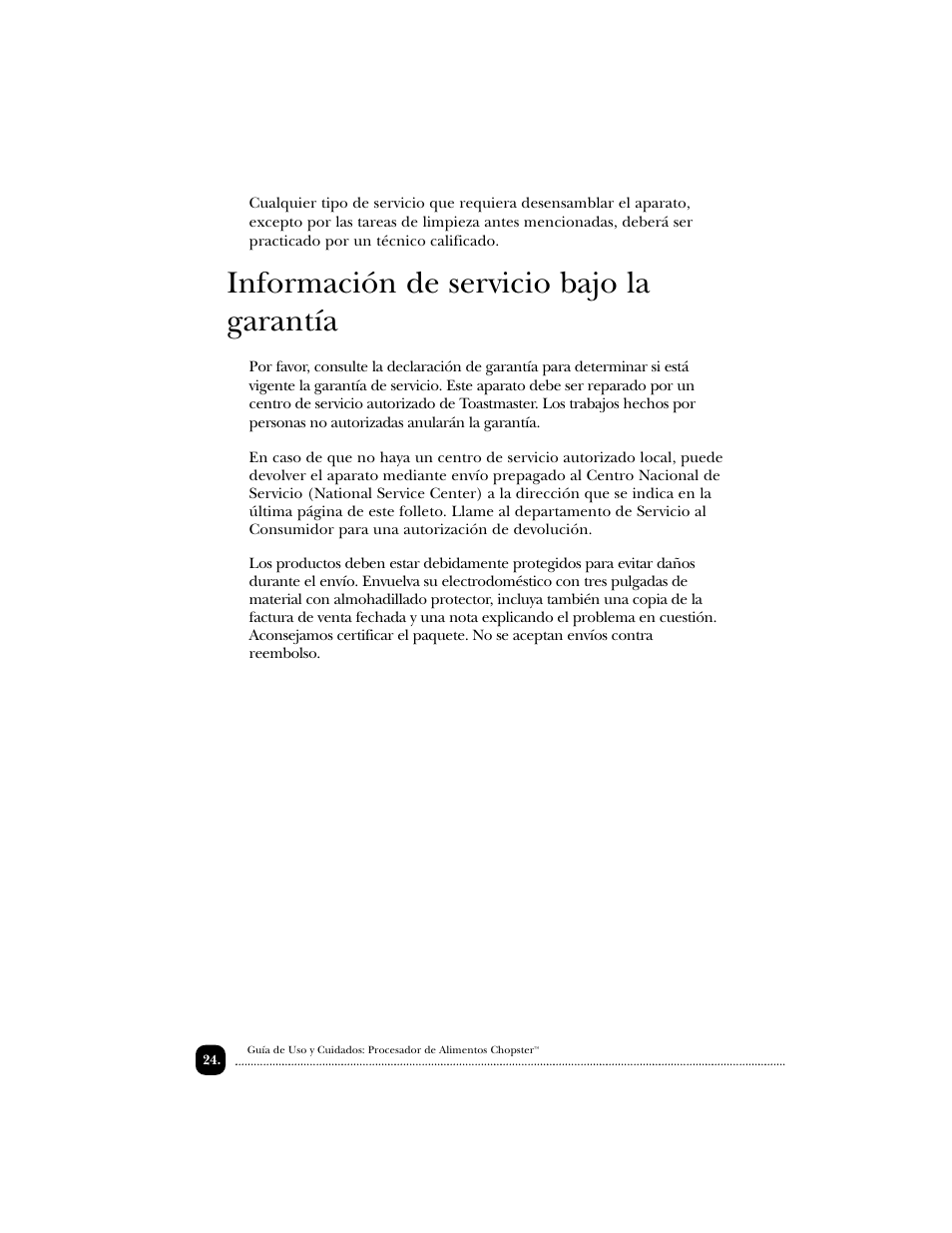 Información de servicio bajo la garantía | Toastmaster 1122 User Manual | Page 25 / 30