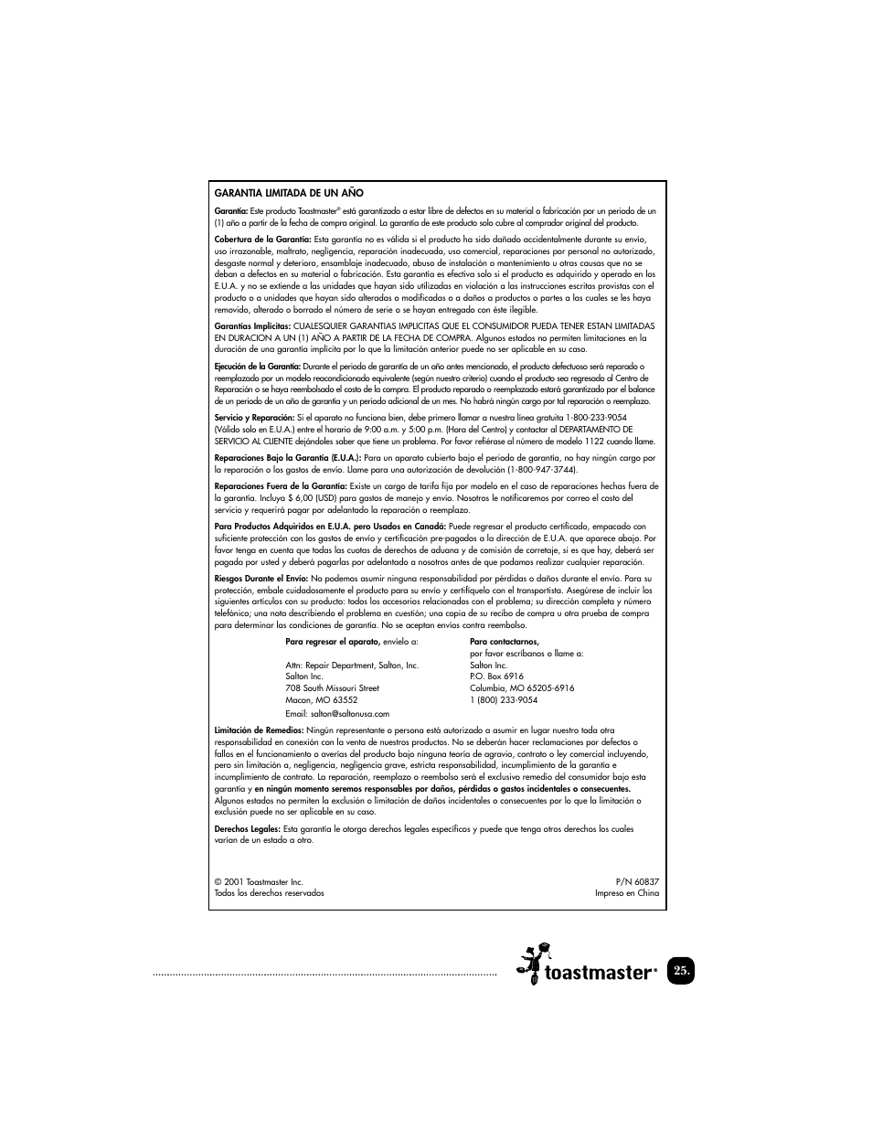 Toastmaster 1122 User Manual | Page 26 / 30