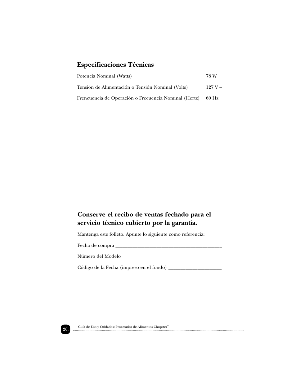 Especificaciones técnicas | Toastmaster 1122 User Manual | Page 27 / 30