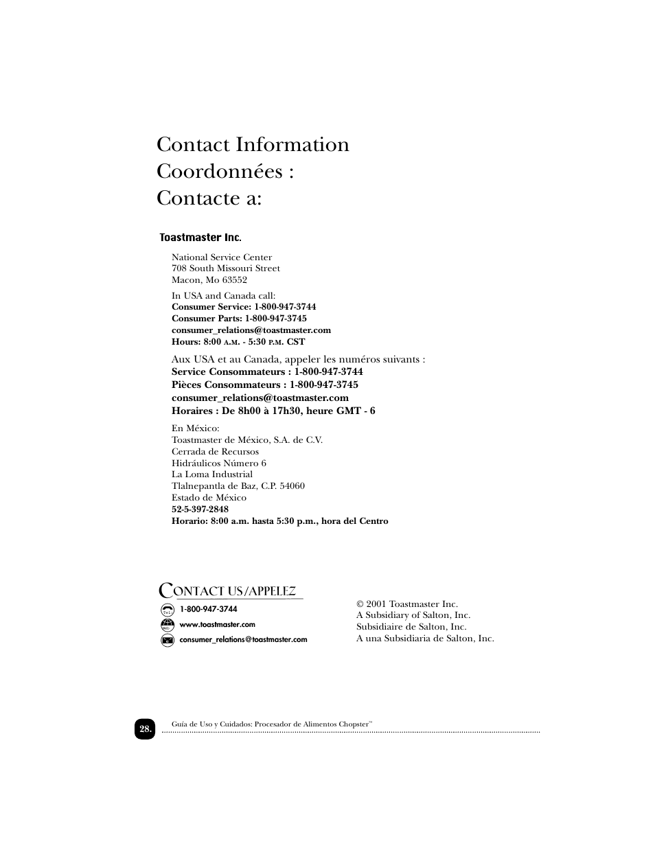 Contact information coordonnées : contacte a | Toastmaster 1122 User Manual | Page 29 / 30