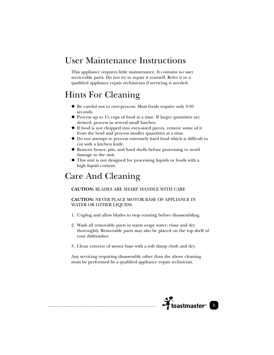 User maintenance instructions, Hints for cleaning, Care and cleaning | Toastmaster 1122 User Manual | Page 6 / 30