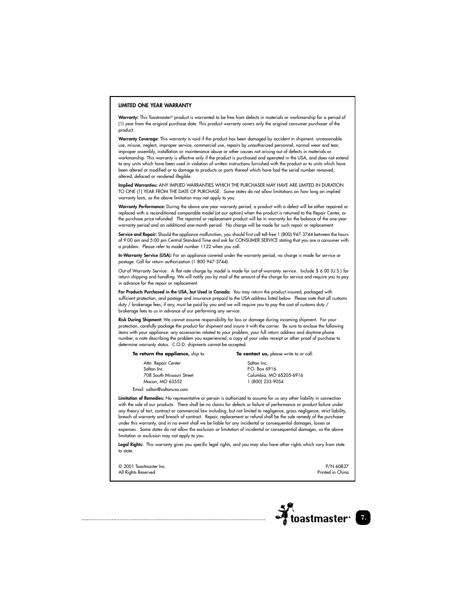 Toastmaster 1122 User Manual | Page 8 / 30