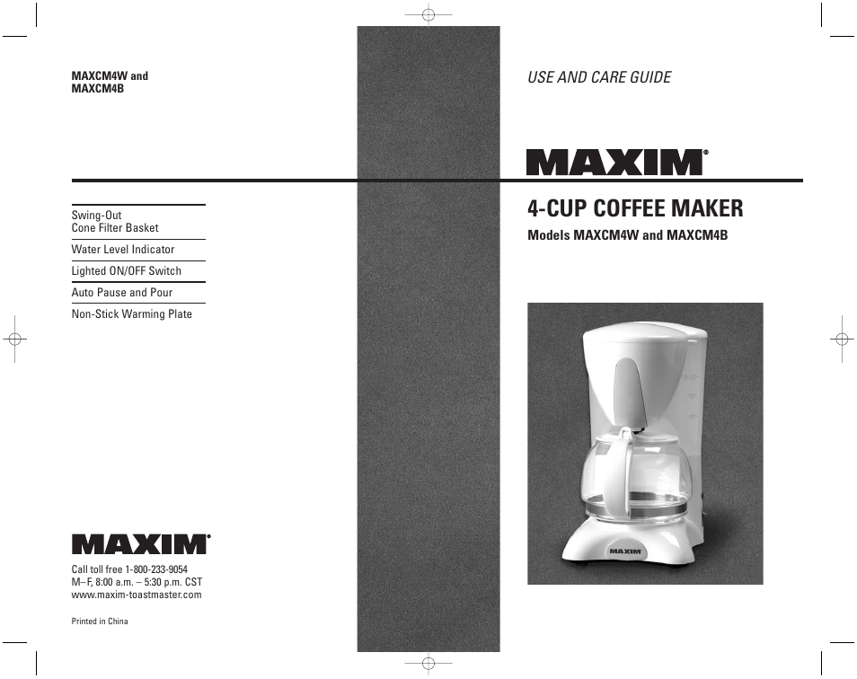 Cup coffee maker, Use and care guide | Toastmaster MAXCM4B User Manual | Page 12 / 12