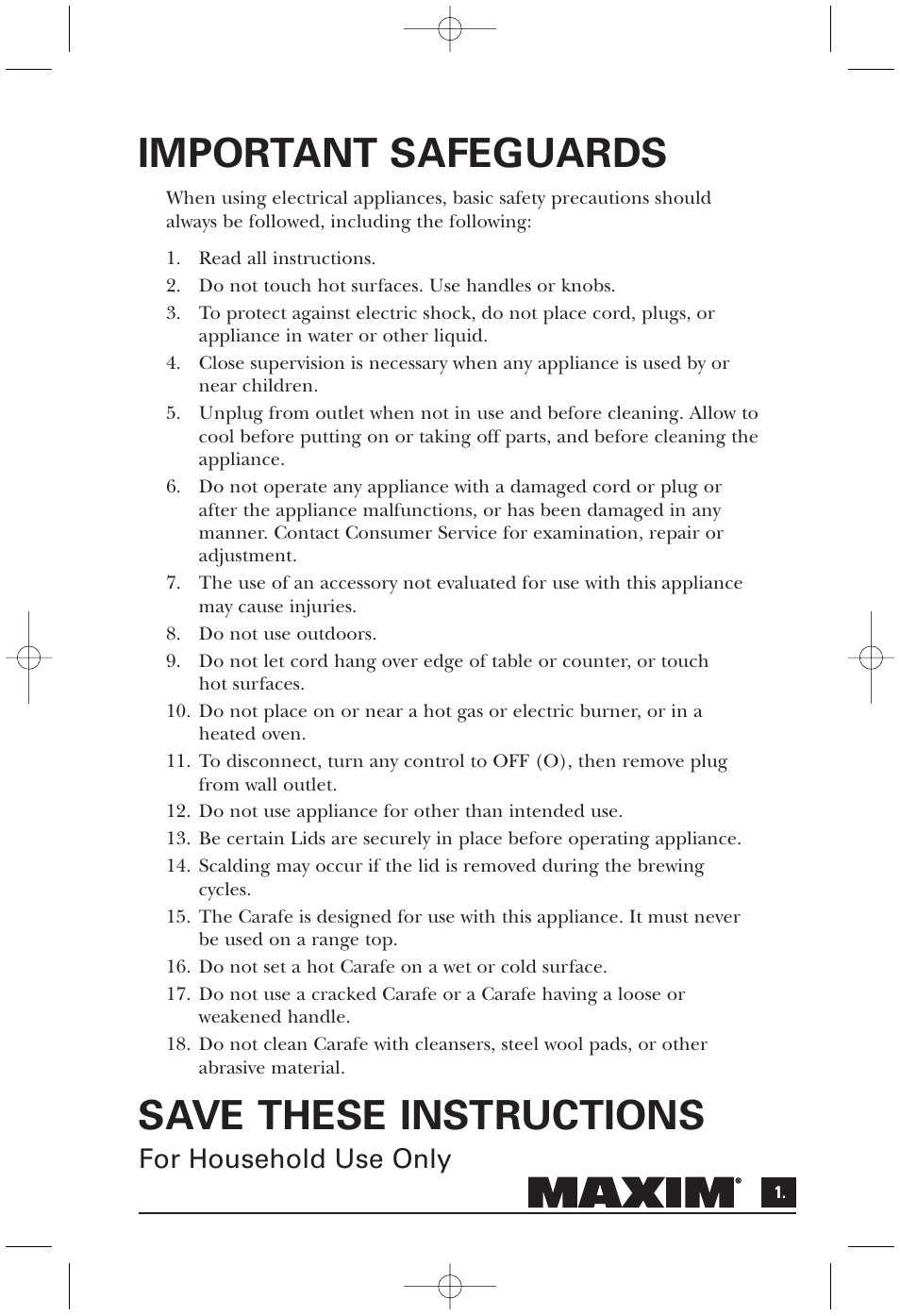 Important safeguards, Save these instructions, For household use only | Toastmaster MAXCM4B User Manual | Page 2 / 12