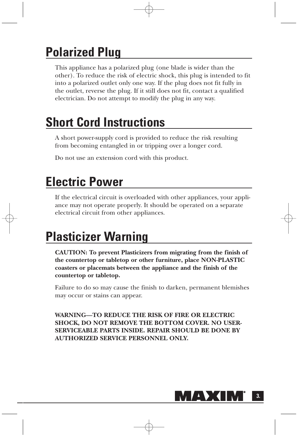 Polarized plug, Short cord instructions, Electric power | Plasticizer warning | Toastmaster MAXCM4B User Manual | Page 4 / 12
