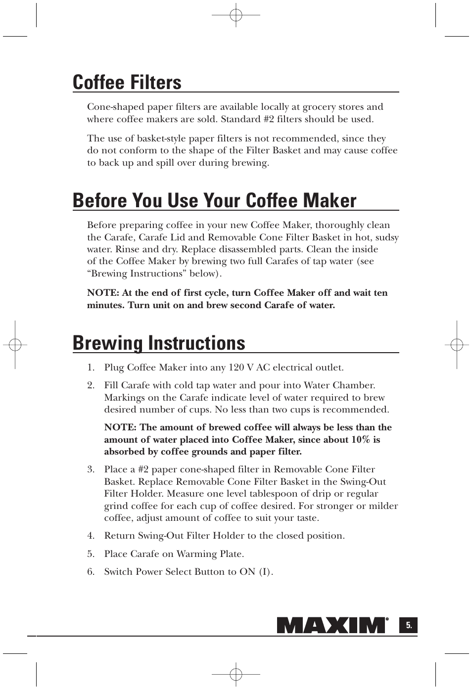 Coffee filters, Before you use your coffee maker, Brewing instructions | Toastmaster MAXCM4B User Manual | Page 6 / 12