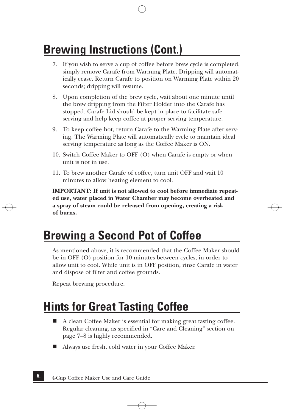 Brewing instructions (cont.), Brewing a second pot of coffee, Hints for great tasting coffee | Toastmaster MAXCM4B User Manual | Page 7 / 12