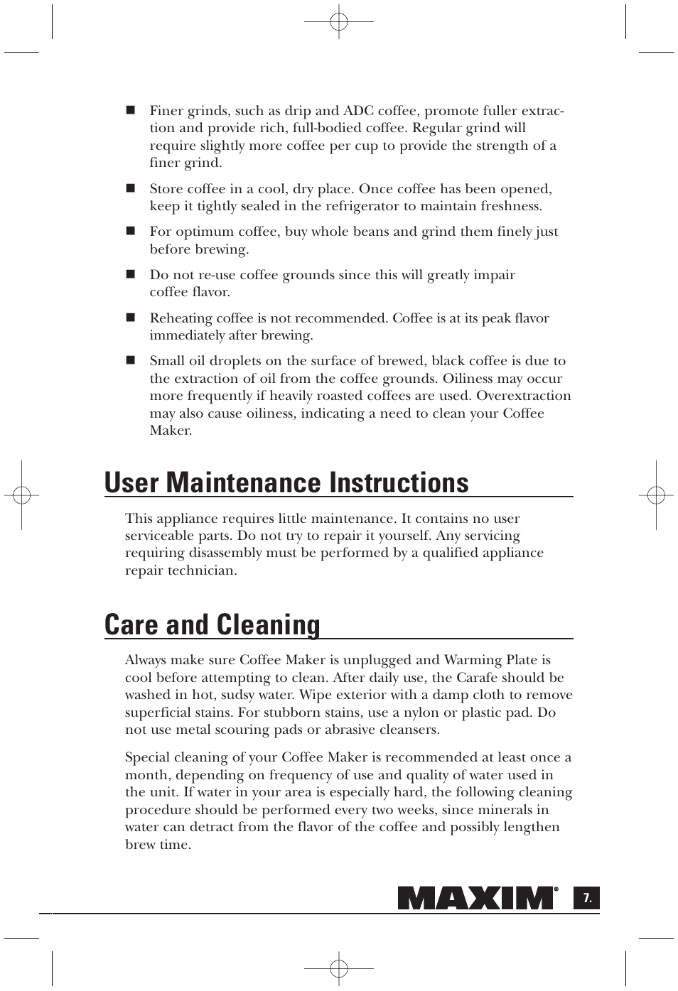 User maintenance instructions, Care and cleaning | Toastmaster MAXCM4B User Manual | Page 8 / 12