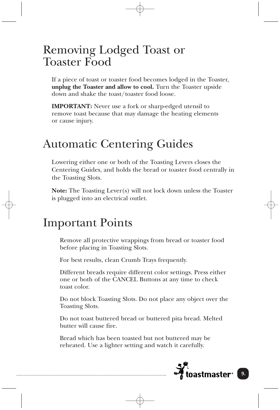 Removing lodged toast or toaster food, Automatic centering guides, Important points | Toastmaster TMT4CAN User Manual | Page 10 / 15
