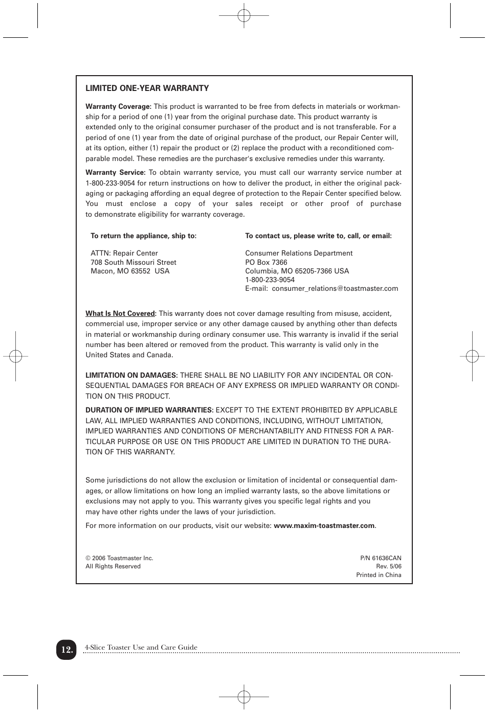 Toastmaster TMT4CAN User Manual | Page 13 / 15
