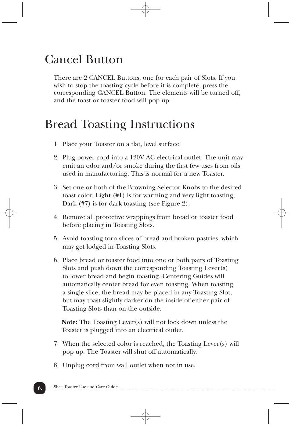 Cancel button, Bread toasting instructions | Toastmaster TMT4CAN User Manual | Page 7 / 15