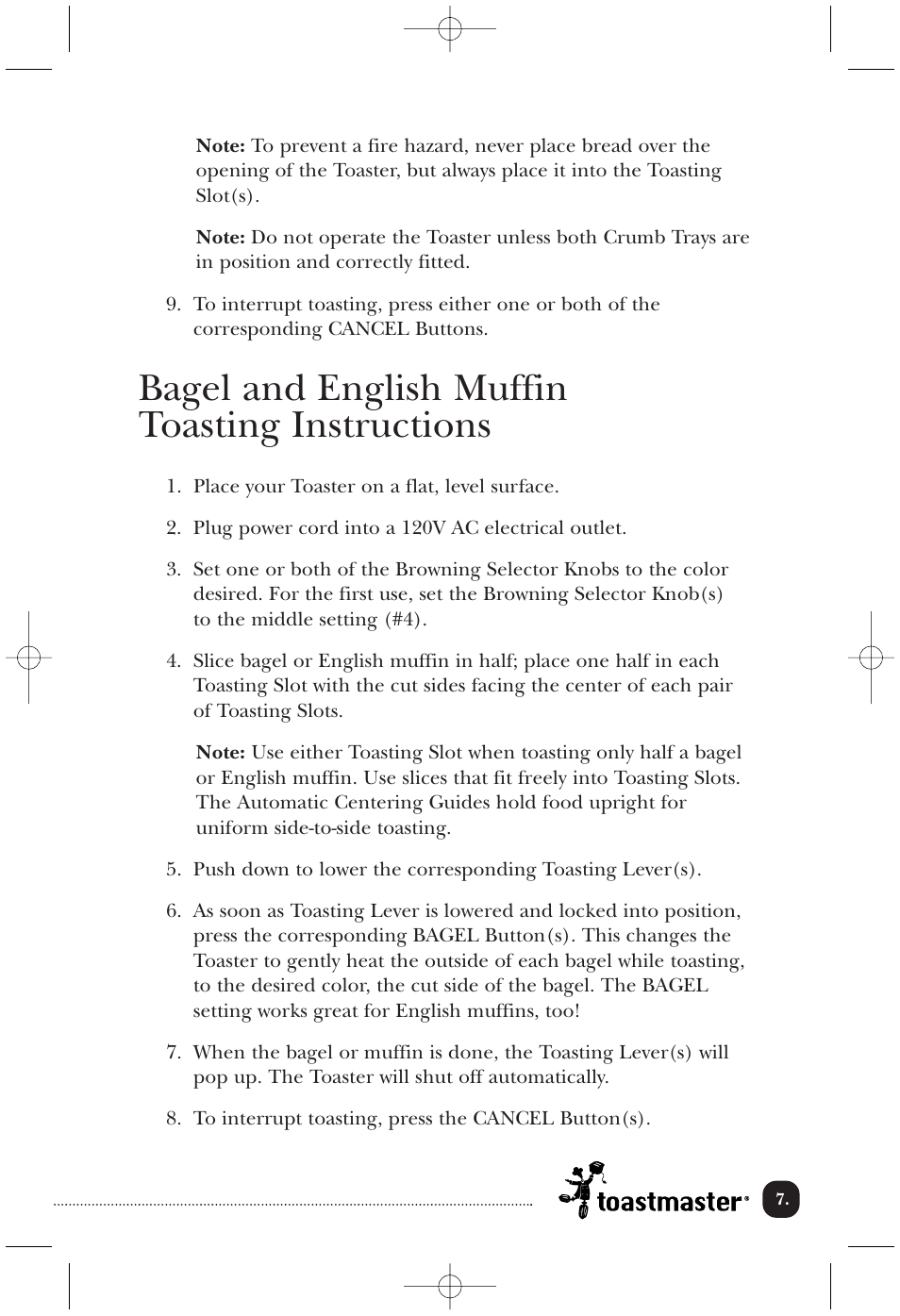 Bagel and english muffin toasting instructions | Toastmaster TMT4CAN User Manual | Page 8 / 15