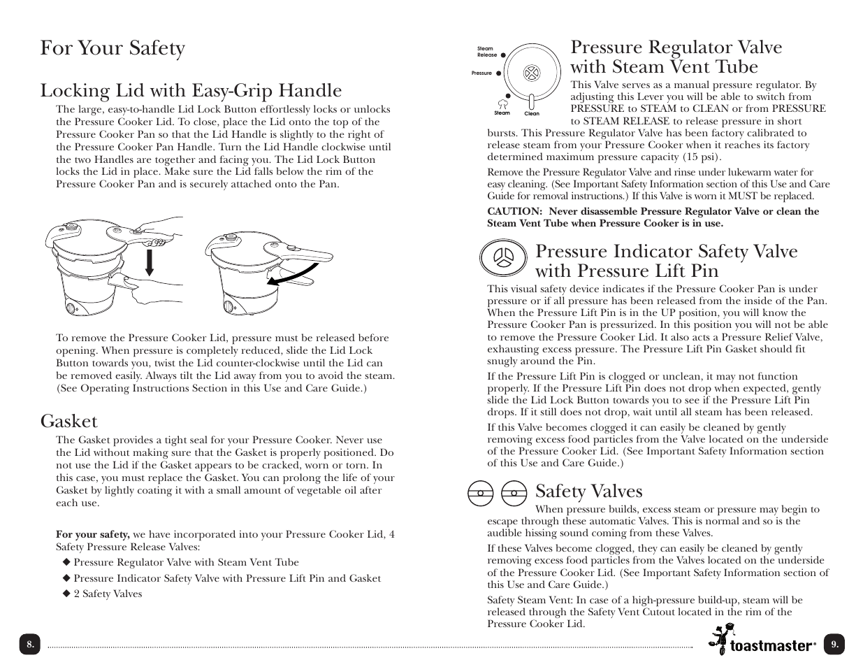 For your safety, Pressure regulator valve with steam vent tube, Safety valves | Locking lid with easy-grip handle, Gasket | Toastmaster TPC4000 User Manual | Page 11 / 48