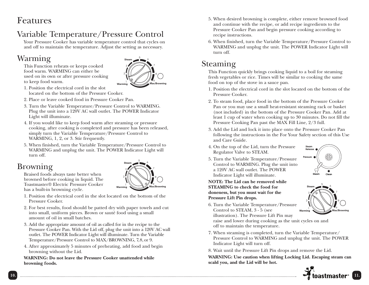 Features, Steaming, Variable temperature/pressure control | Warming, Browning | Toastmaster TPC4000 User Manual | Page 13 / 48