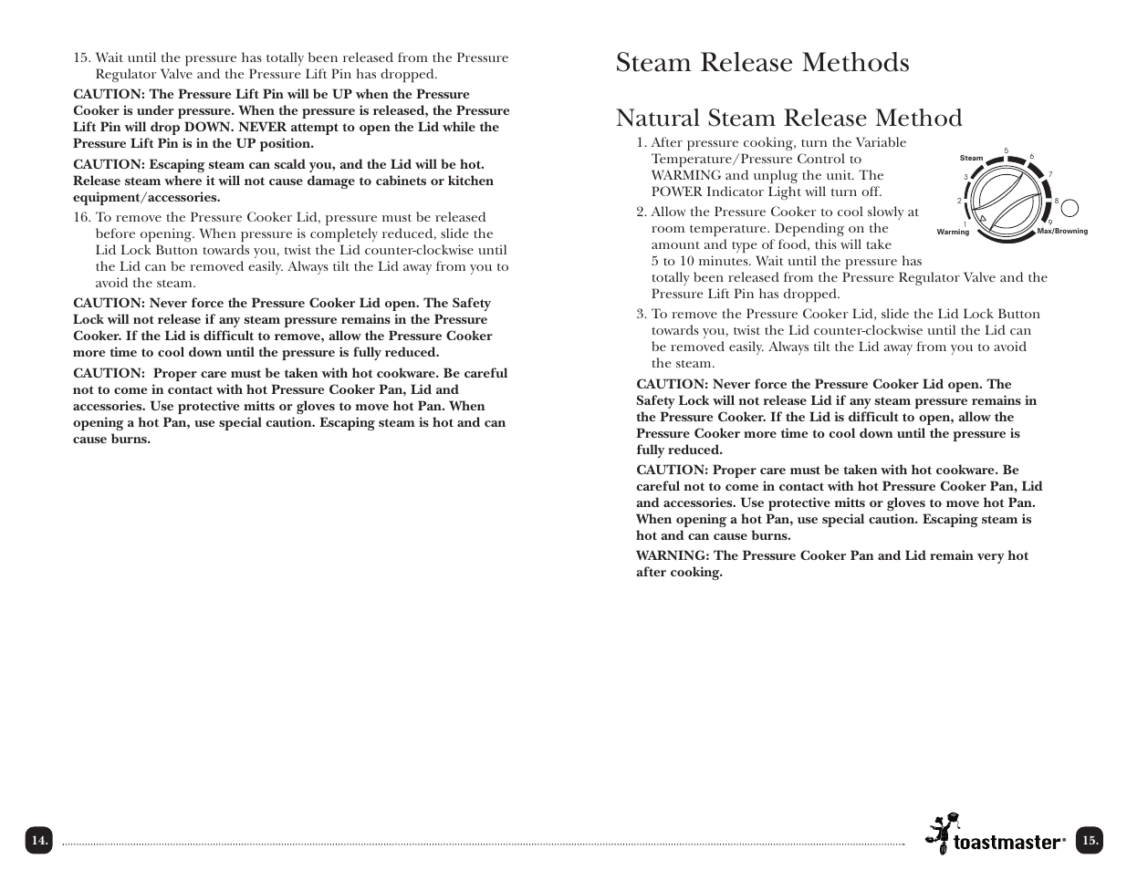 Steam release methods, Natural steam release method | Toastmaster TPC4000 User Manual | Page 17 / 48