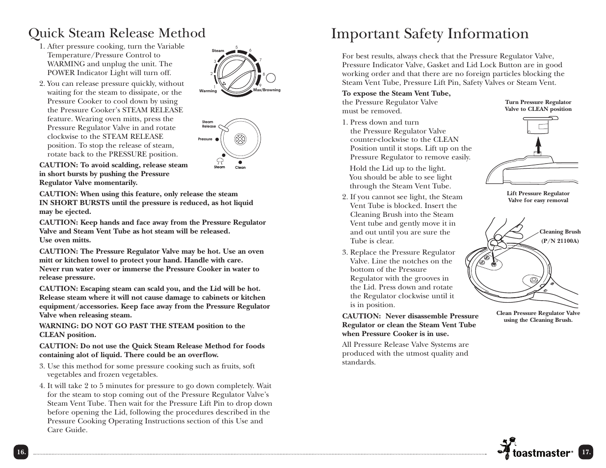 Important safety information, Quick steam release method | Toastmaster TPC4000 User Manual | Page 18 / 48