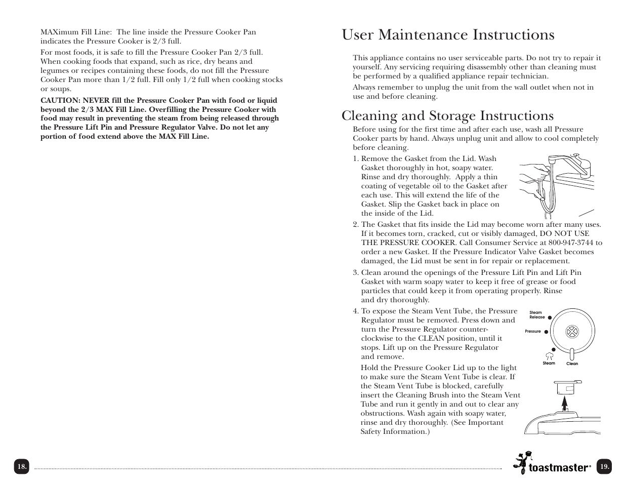 User maintenance instructions, Cleaning and storage instructions | Toastmaster TPC4000 User Manual | Page 20 / 48