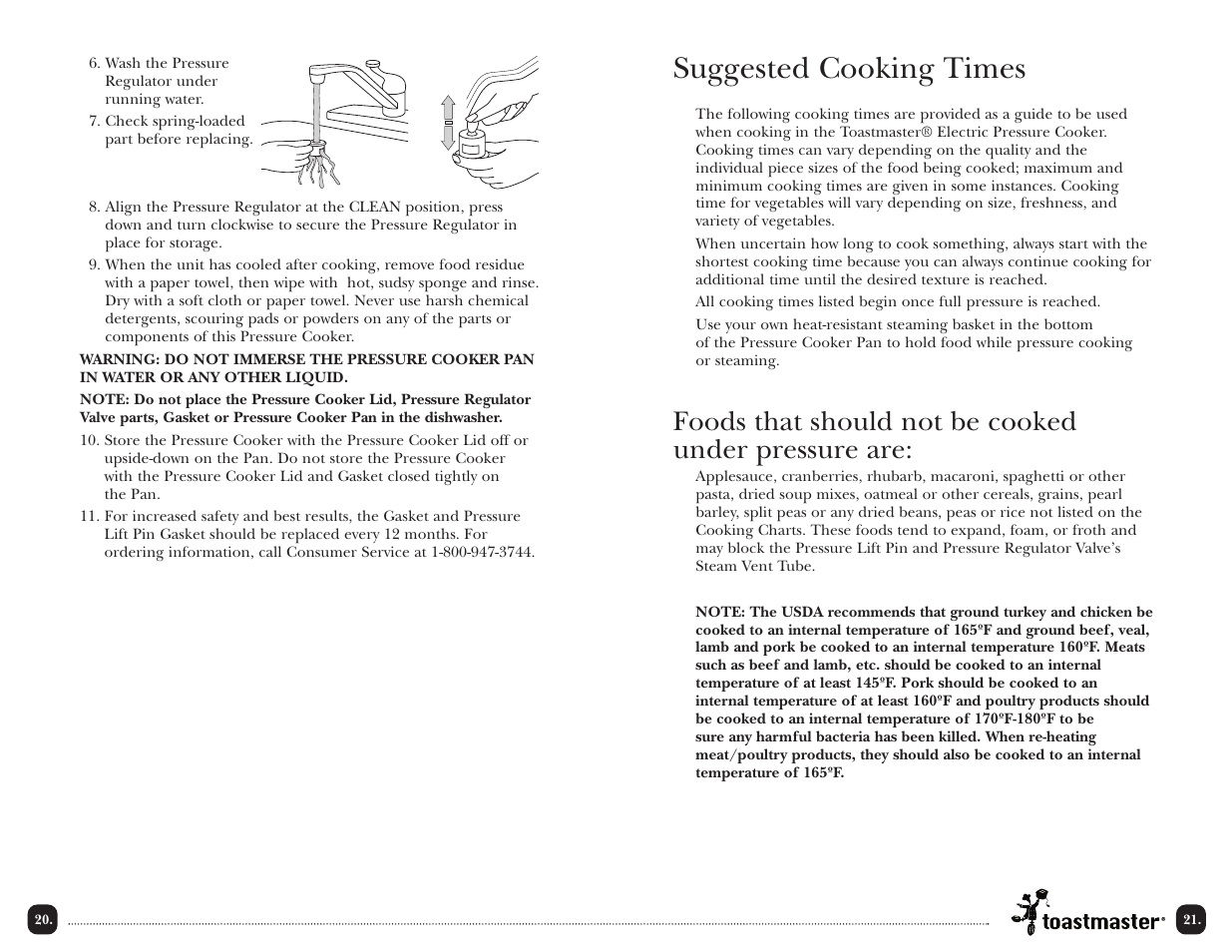 Suggested cooking times, Foods that should not be cooked under pressure are | Toastmaster TPC4000 User Manual | Page 23 / 48