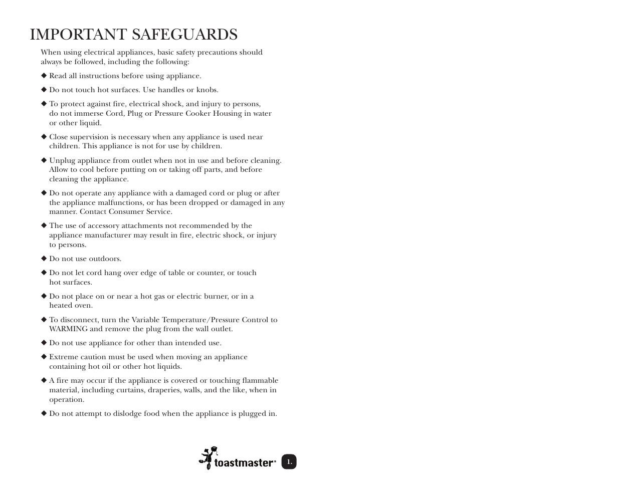 Important safeguards | Toastmaster TPC4000 User Manual | Page 3 / 48