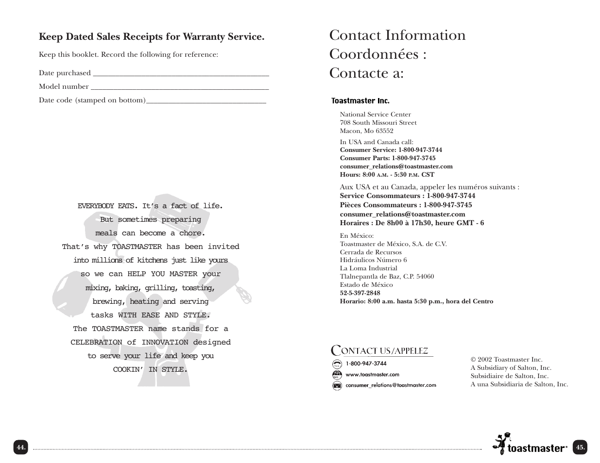 Contact information coordonnées : contacte a, Keep dated sales receipts for warranty service | Toastmaster TPC4000 User Manual | Page 47 / 48