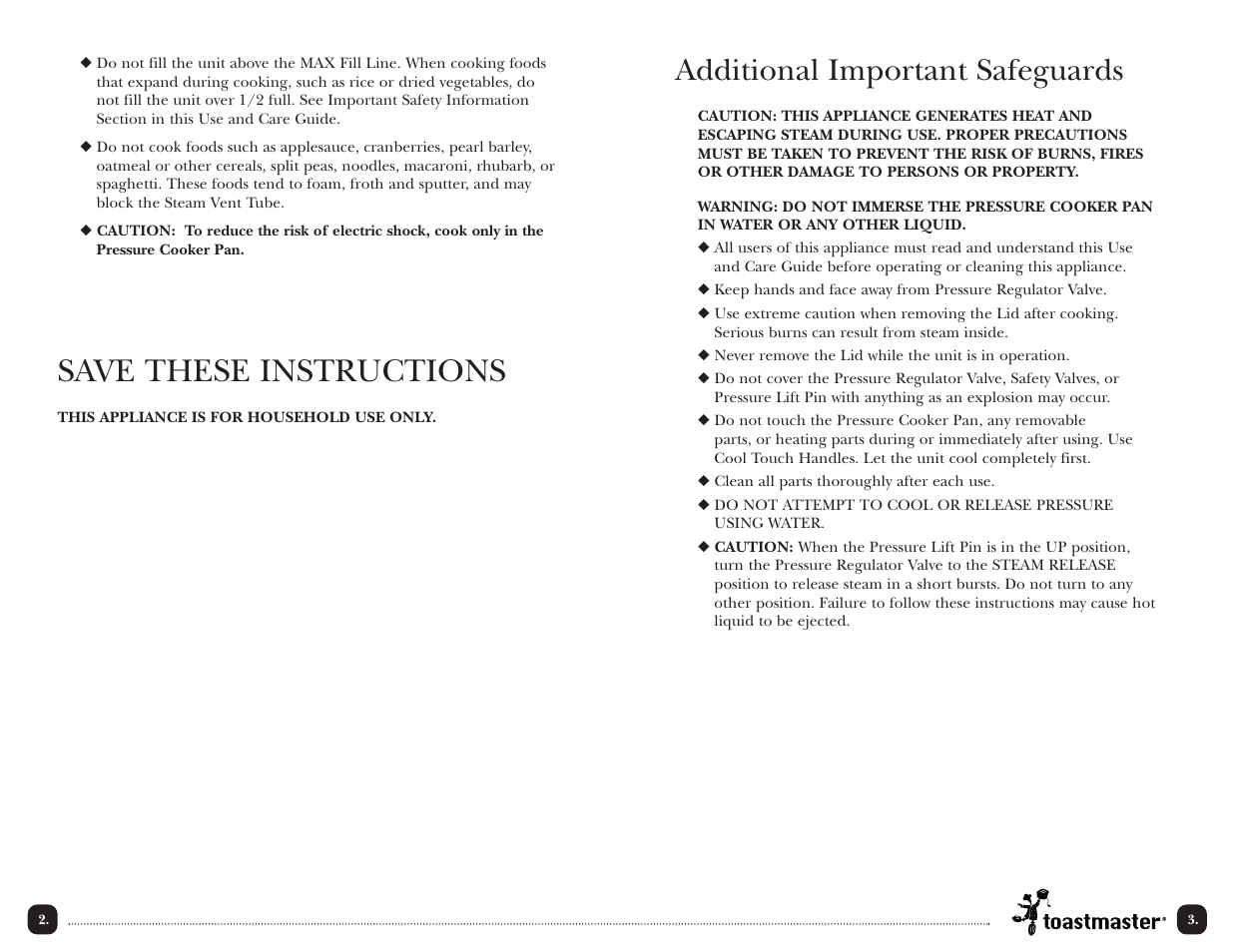 Save these instructions, Additional important safeguards | Toastmaster TPC4000 User Manual | Page 5 / 48