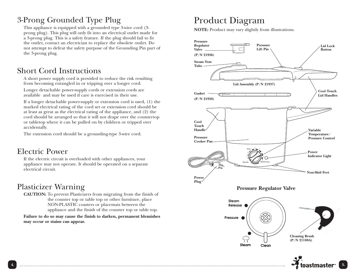 Product diagram, Prong grounded type plug, Short cord instructions | Electric power, Plasticizer warning, Pressure regulator valve | Toastmaster TPC4000 User Manual | Page 6 / 48