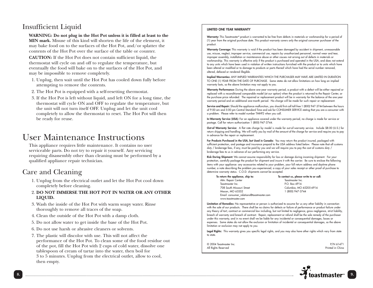 User maintenance instructions, Insufficient liquid, Care and cleaning | Toastmaster TMHP2 User Manual | Page 10 / 14