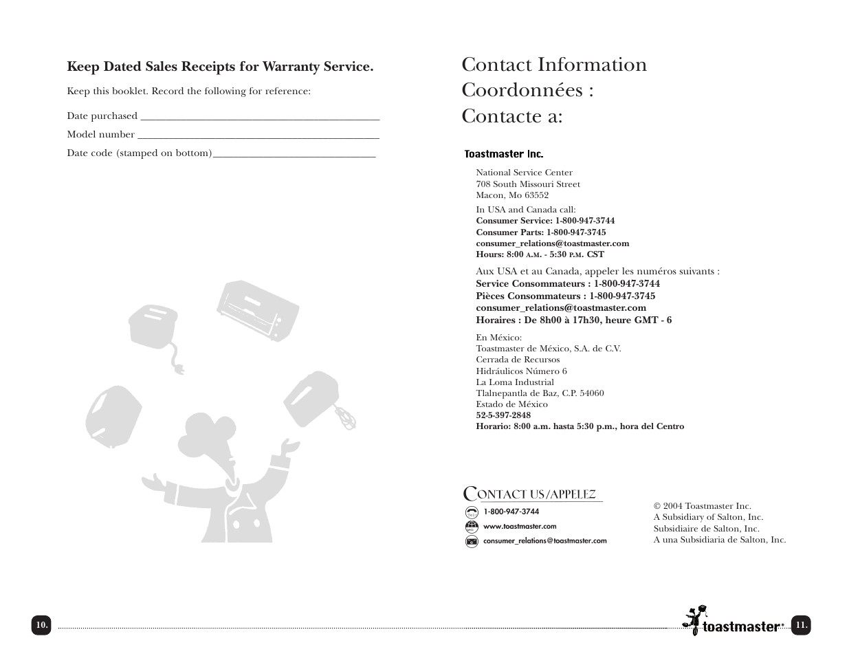 Contact information coordonnées : contacte a, Keep dated sales receipts for warranty service | Toastmaster TMHP2 User Manual | Page 13 / 14