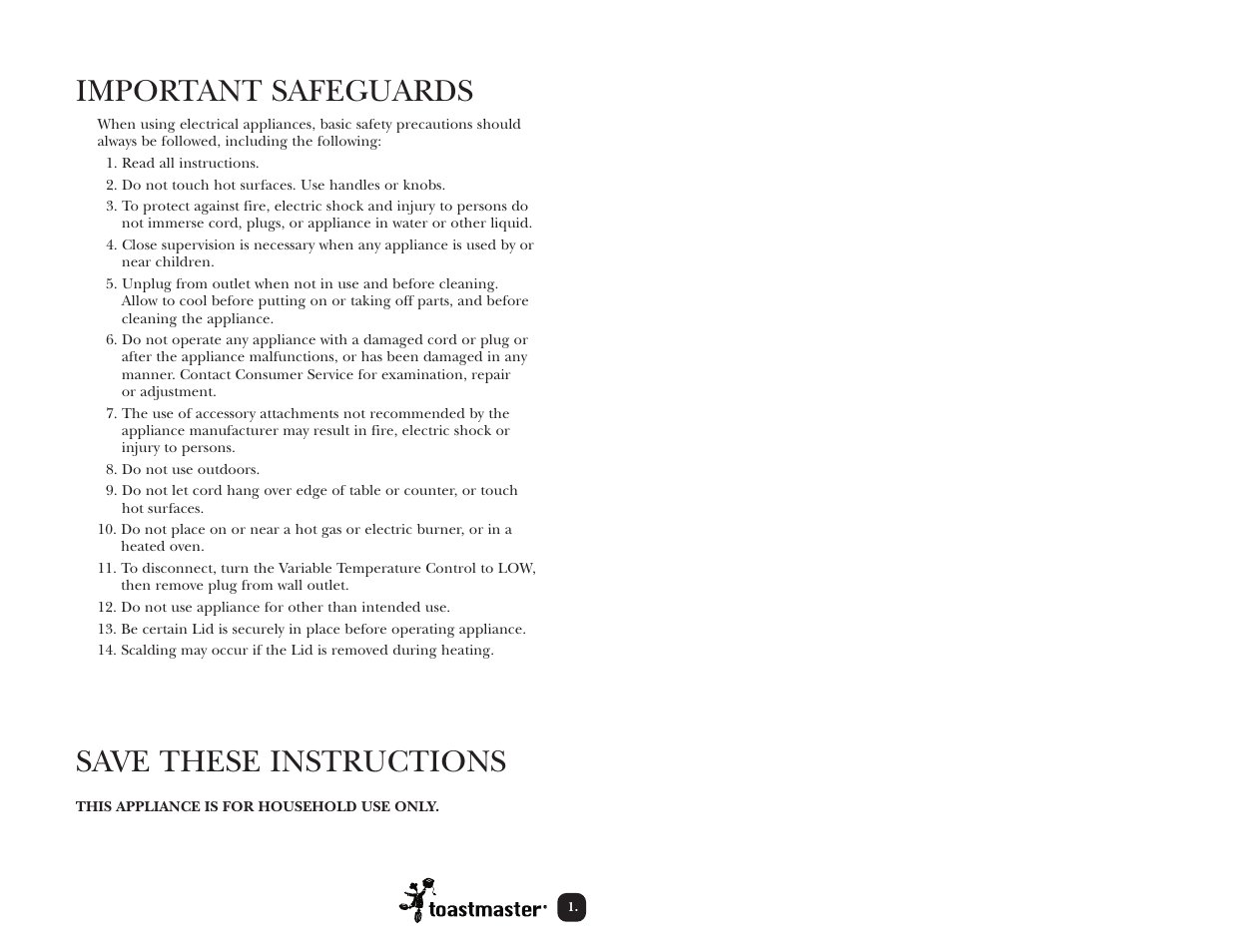 Important safeguards, Save these instructions | Toastmaster TMHP2 User Manual | Page 2 / 14