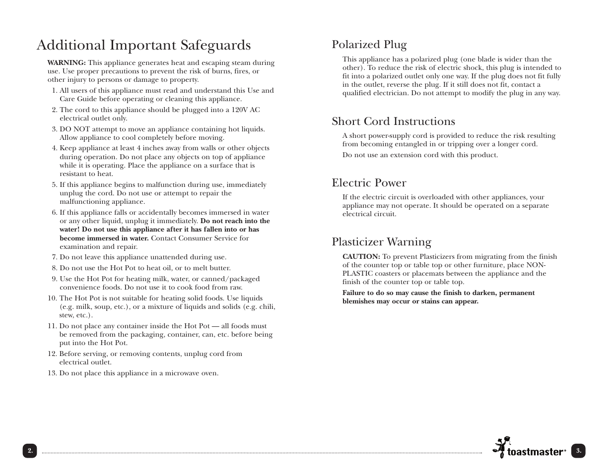 Additional important safeguards, Polarized plug, Short cord instructions | Electric power, Plasticizer warning | Toastmaster TMHP2 User Manual | Page 4 / 14