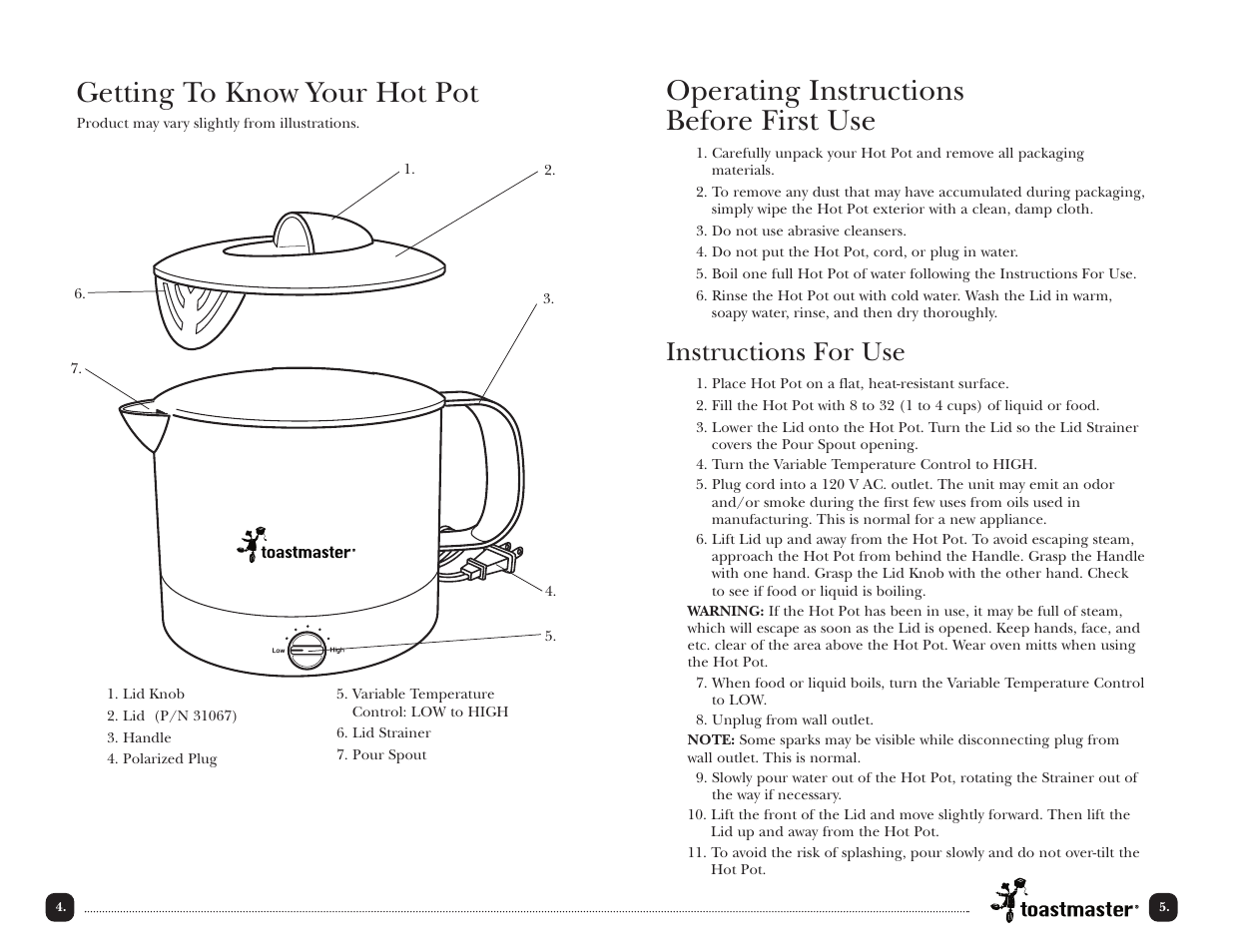 Getting to know your hot pot, Operating instructions before first use, Instructions for use | Toastmaster TMHP2 User Manual | Page 6 / 14