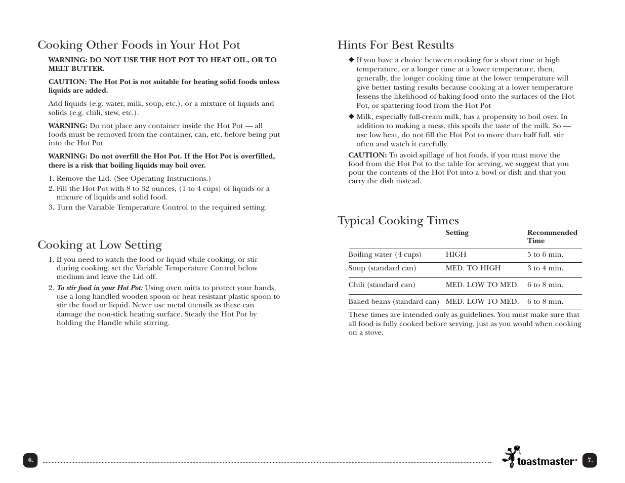 Cooking other foods in your hot pot, Cooking at low setting, Hints for best results | Typical cooking times | Toastmaster TMHP2 User Manual | Page 8 / 14