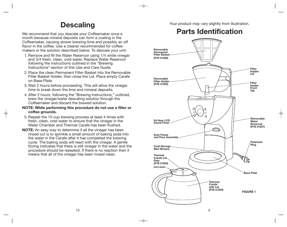 Descaling, Parts identification | Toastmaster ME10DTB User Manual | Page 13 / 14