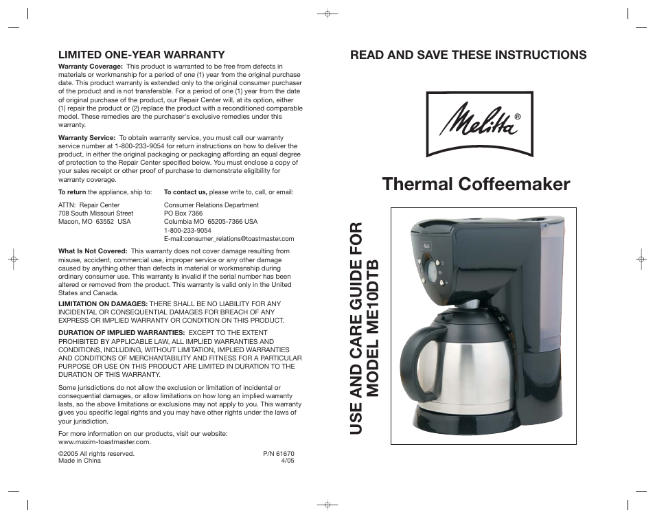 Thermal coffeemaker, Use and care guide for model me10dtb, Read and save these instructions | Limited one-year warranty | Toastmaster ME10DTB User Manual | Page 14 / 14