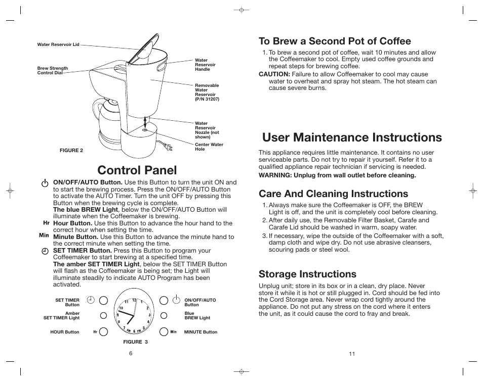User maintenance instructions, Control panel, Care and cleaning instructions | Storage instructions | Toastmaster ME10DTB User Manual | Page 7 / 14