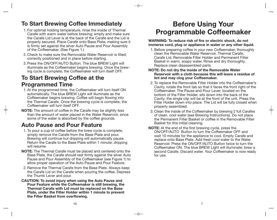 Before using your programmable coffeemaker, Auto pause and pour feature | Toastmaster ME10DTB User Manual | Page 8 / 14