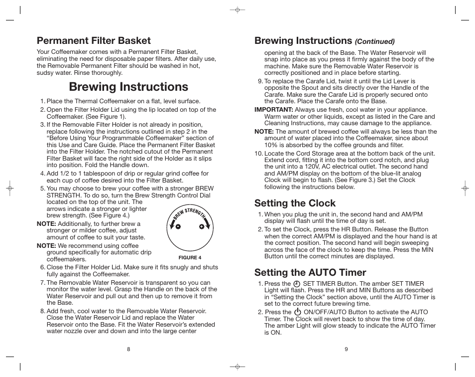 Setting the clock, Setting the auto timer, Brewing instructions | Permanent filter basket | Toastmaster ME10DTB User Manual | Page 9 / 14