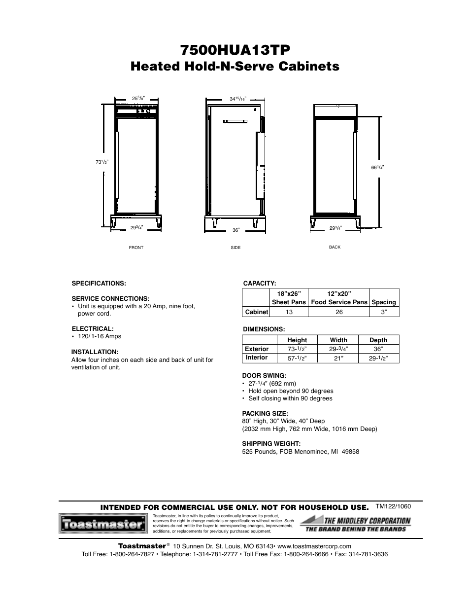 Heated hold-n-serve cabinets | Toastmaster 7500-H-UA13TP User Manual | Page 2 / 2