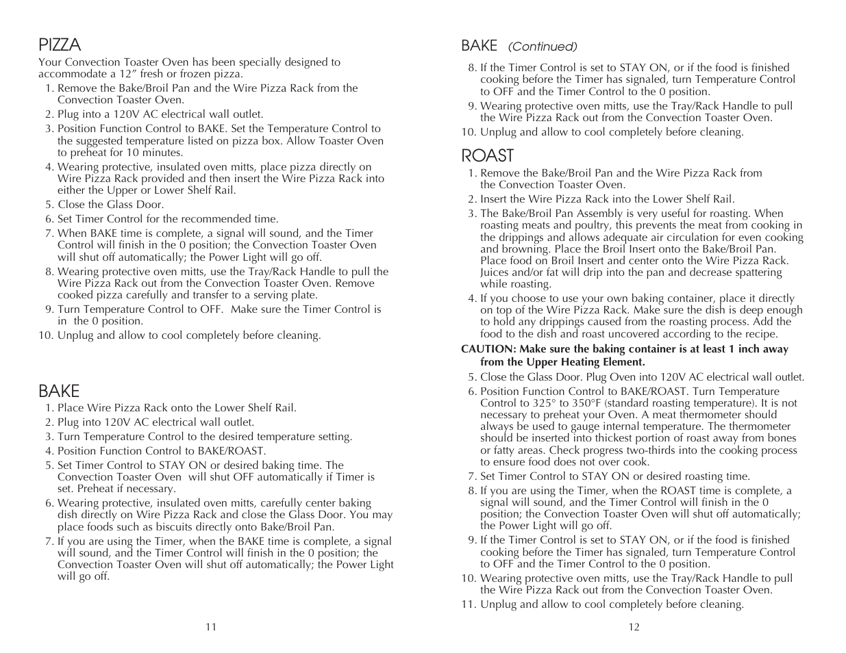 Roast, Pizza, Bake | Toastmaster FAC850SS User Manual | Page 12 / 24