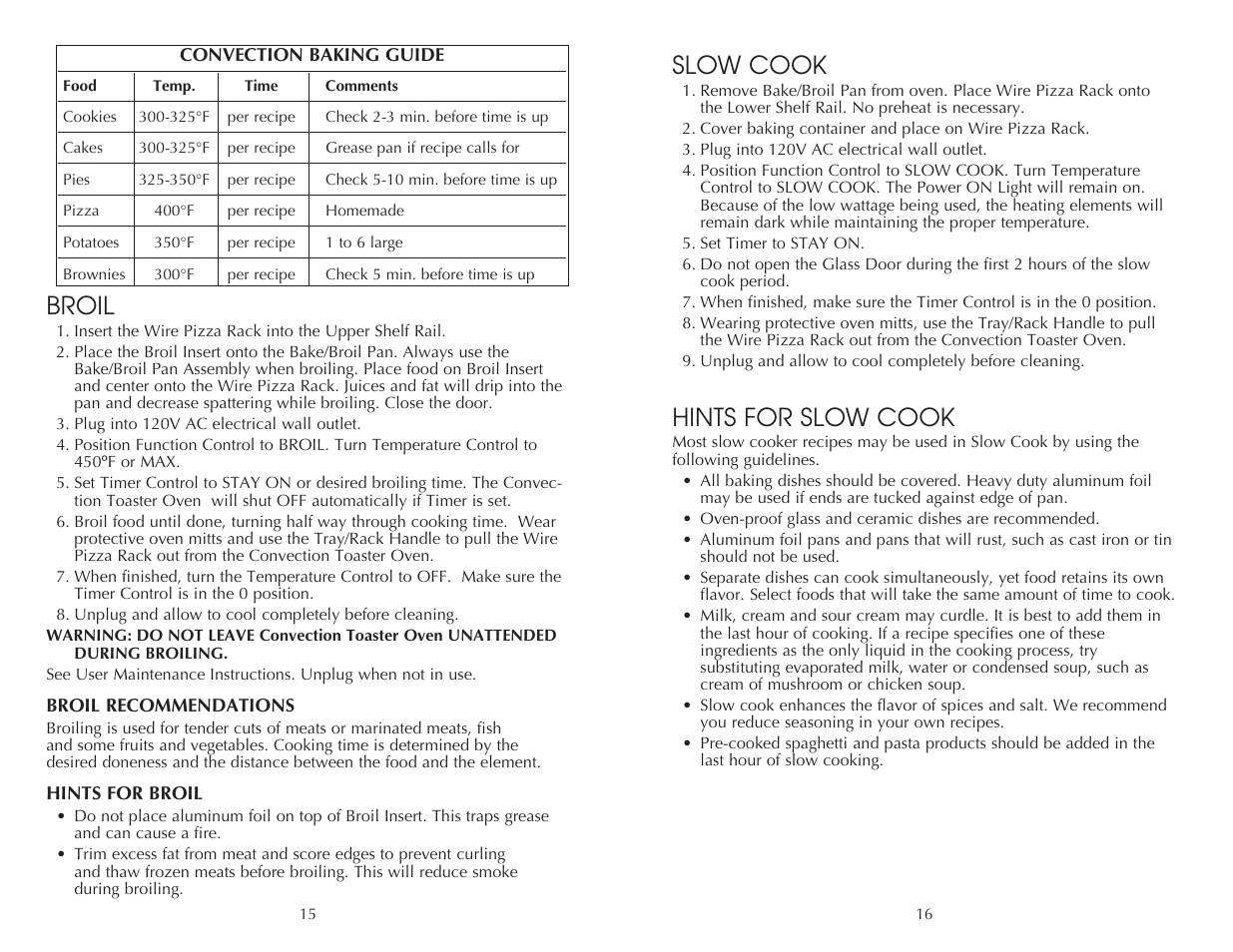 Slow cook, Hints for slow cook, Broil | Toastmaster FAC850SS User Manual | Page 16 / 24