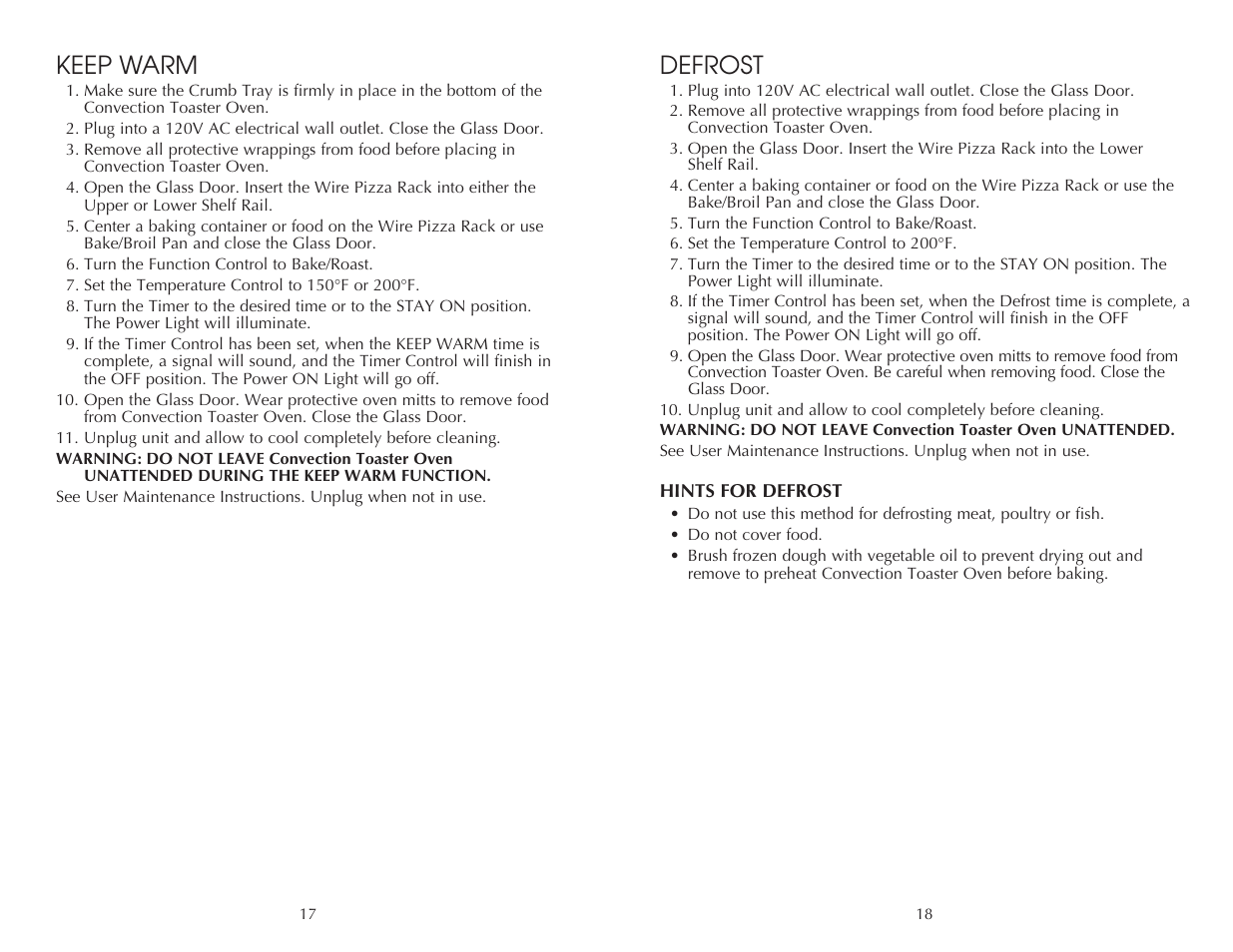 Defrost, Keep warm | Toastmaster FAC850SS User Manual | Page 19 / 24