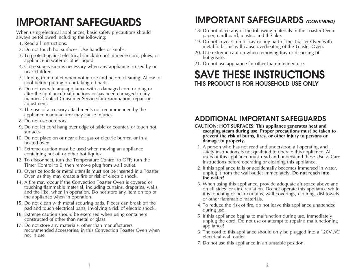 Save these instructions, Important safeguards, Additional important safeguards | Toastmaster FAC850SS User Manual | Page 2 / 24