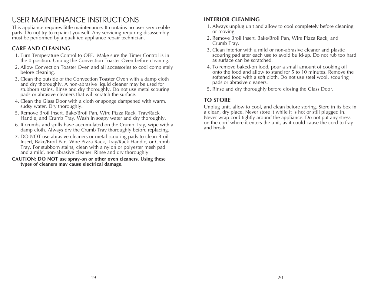 User maintenance instructions | Toastmaster FAC850SS User Manual | Page 20 / 24