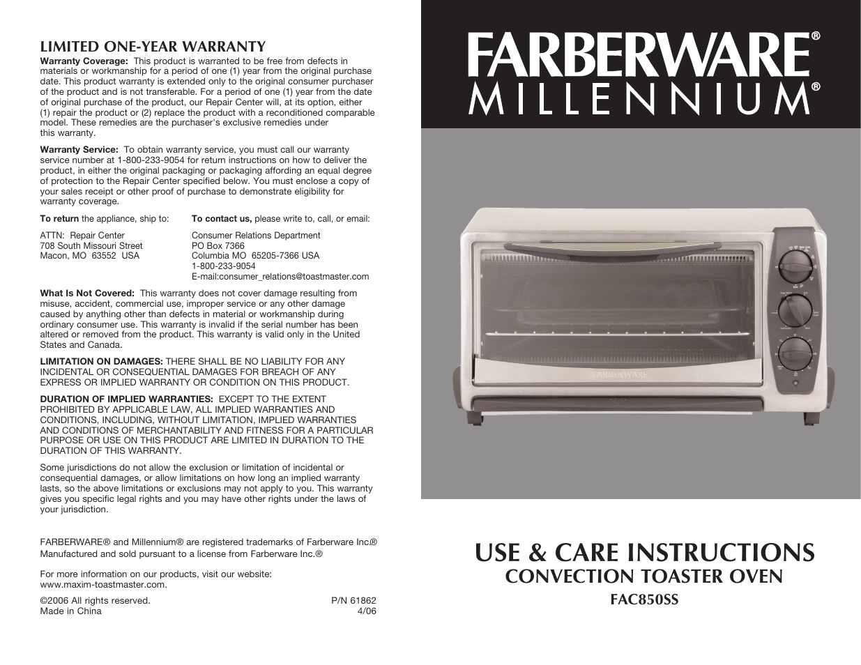 Use & care instructions, Convection toaster oven, Fac850ss limited one-year warranty | Toastmaster FAC850SS User Manual | Page 24 / 24