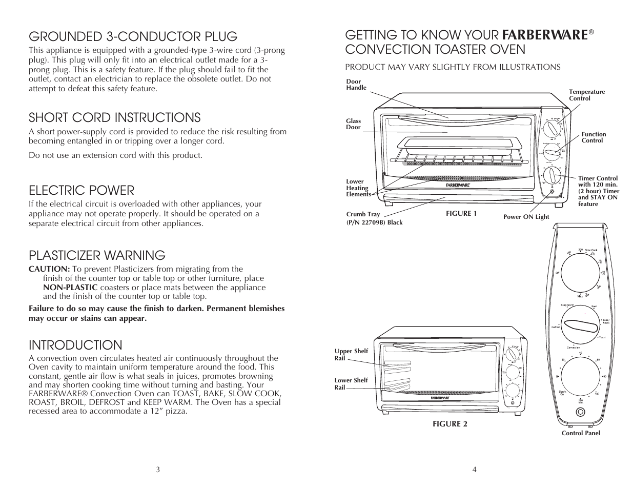 Farberware, Getting to know your, Convection toaster oven | Grounded 3-conductor plug, Short cord instructions, Electric power, Plasticizer warning, Introduction | Toastmaster FAC850SS User Manual | Page 4 / 24