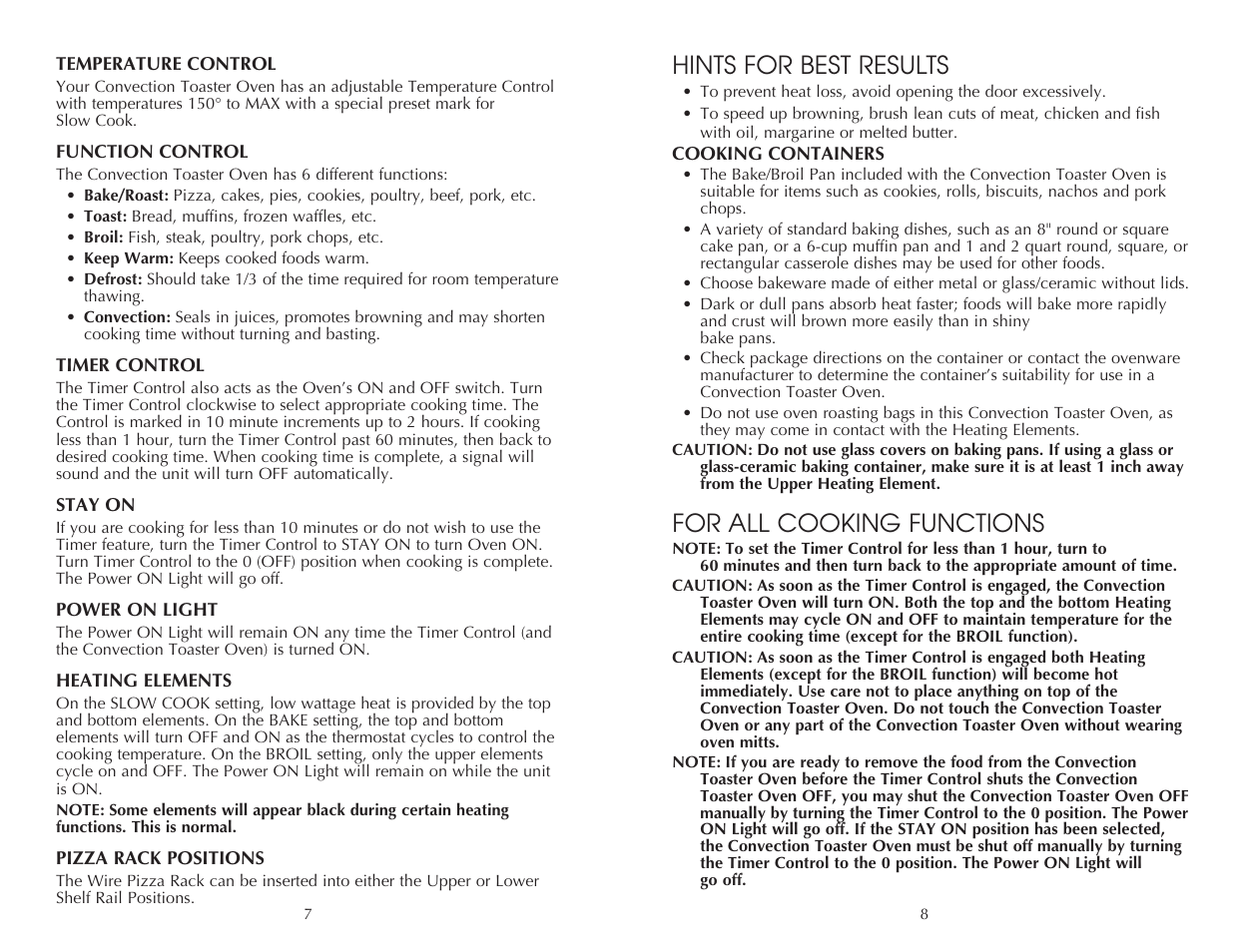 Hints for best results, For all cooking functions | Toastmaster FAC850SS User Manual | Page 8 / 24