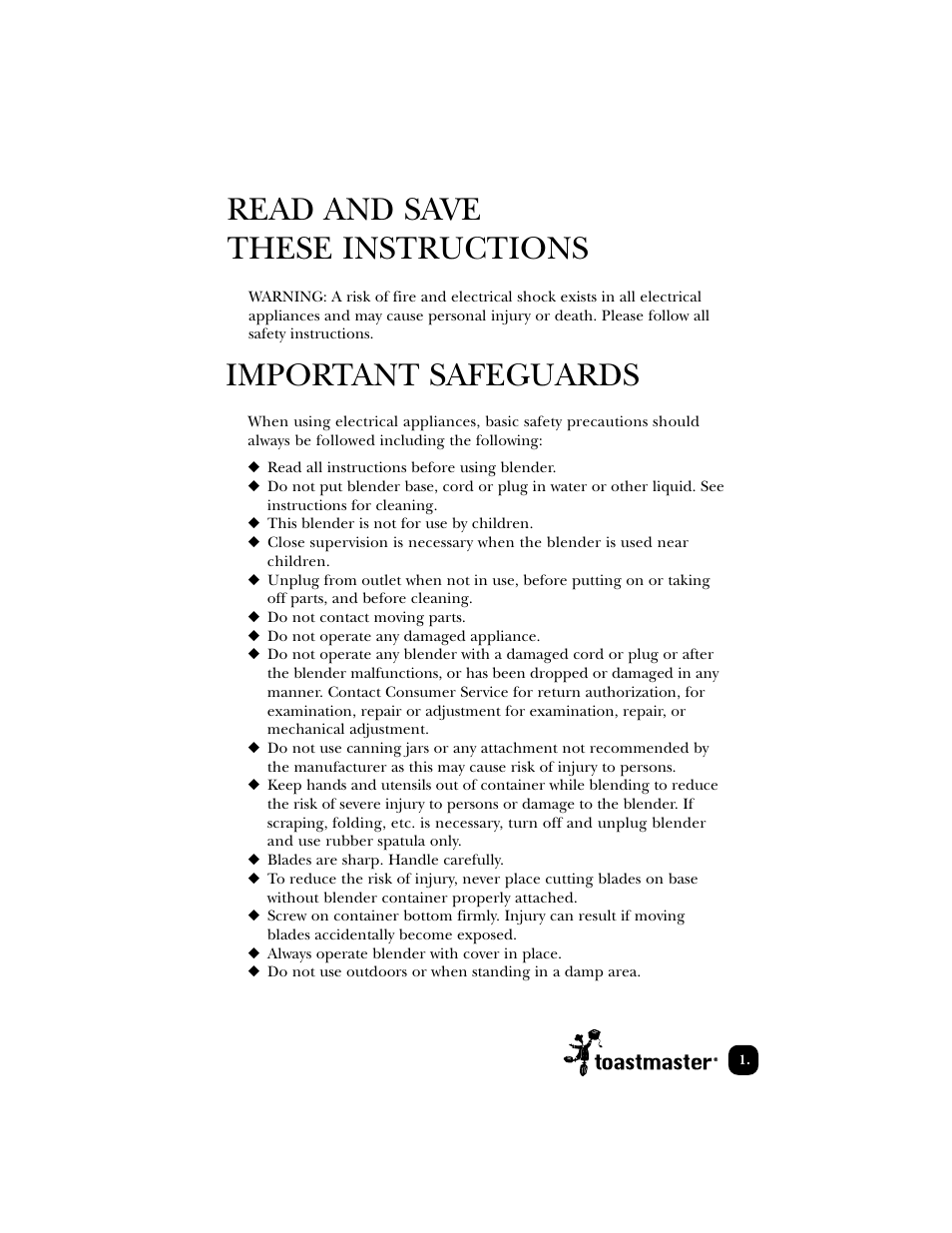 Read and save these instructions, Important safeguards | Toastmaster EDBL12 User Manual | Page 2 / 26