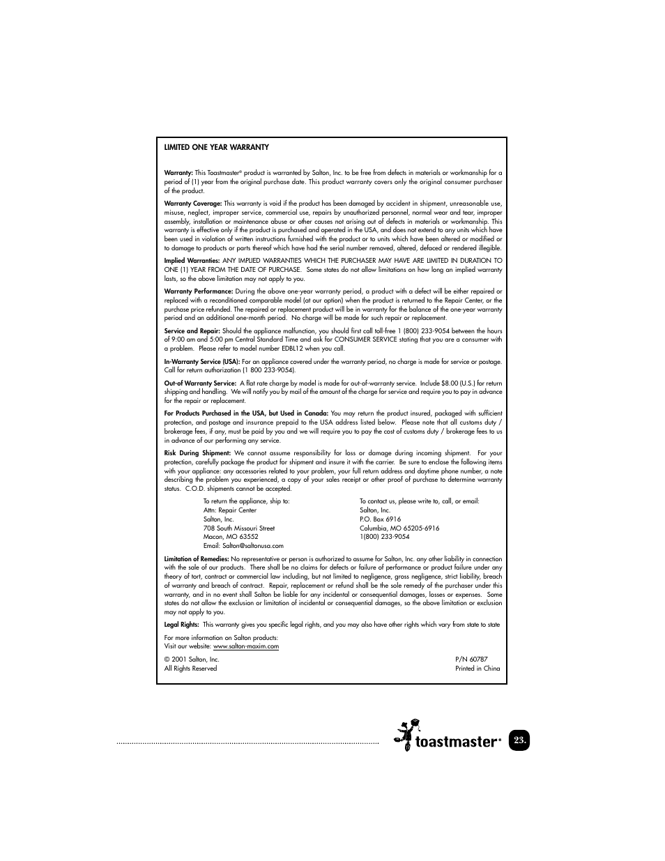 Toastmaster EDBL12 User Manual | Page 24 / 26