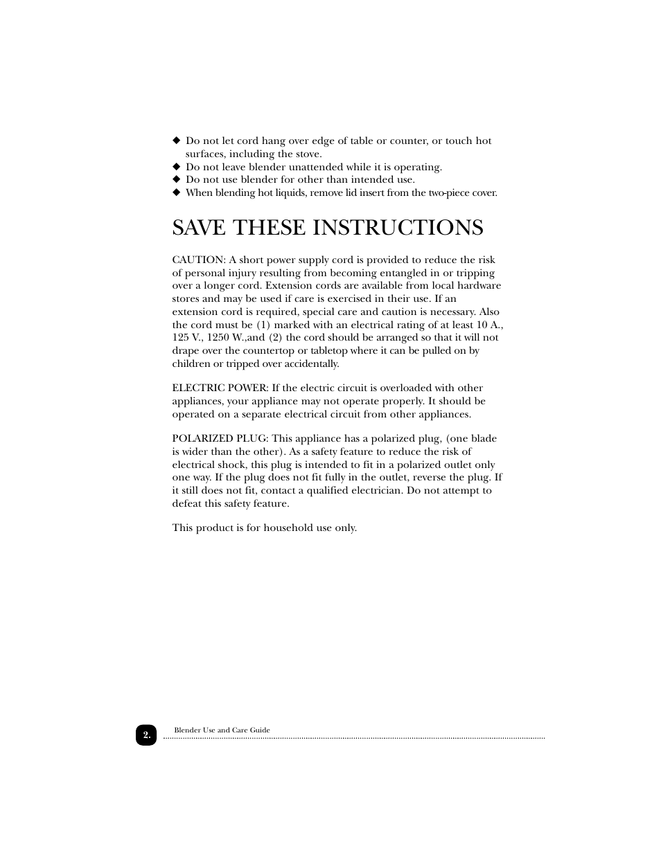 Save these instructions | Toastmaster EDBL12 User Manual | Page 3 / 26