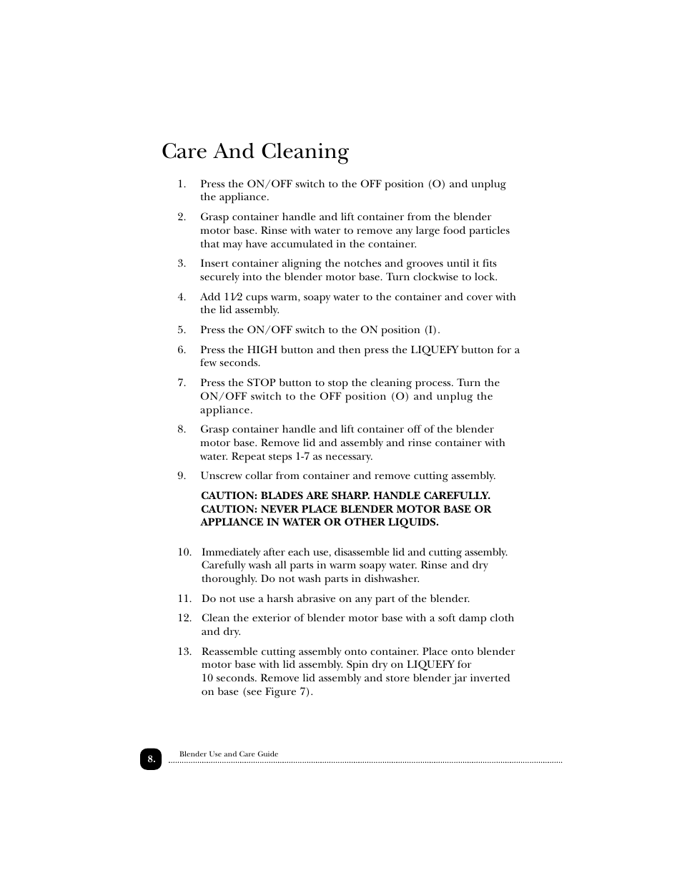 Care and cleaning | Toastmaster EDBL12 User Manual | Page 9 / 26